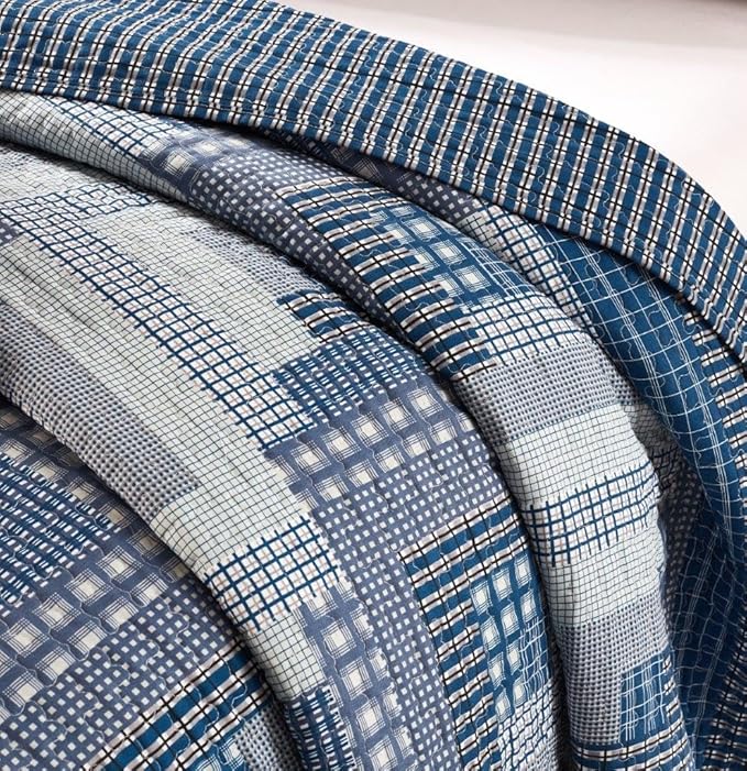 Virah Bella 3 Piece King Cabin Quilt Bedding Set - Montana Cabin: Blue/Gray - Rustic Country Reversible Patchwork Comforter Set with Decorative Pillow Shams, Blue/Gray