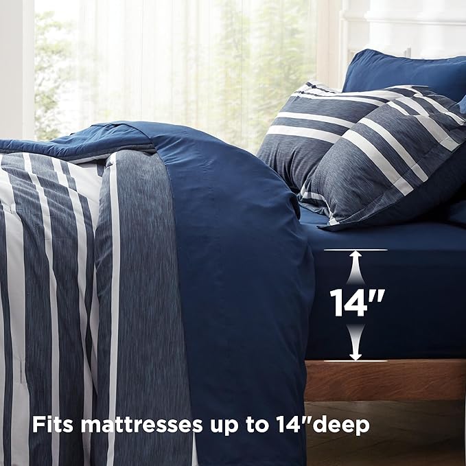 Bedsure Twin XL Comforter Set 5 Pieces, Blue Striped Bedding Set for All Seasons, Reversible, Cationic Dyeing Bed in a Bag with Comforter, Sheets, Pillowcase & Sham