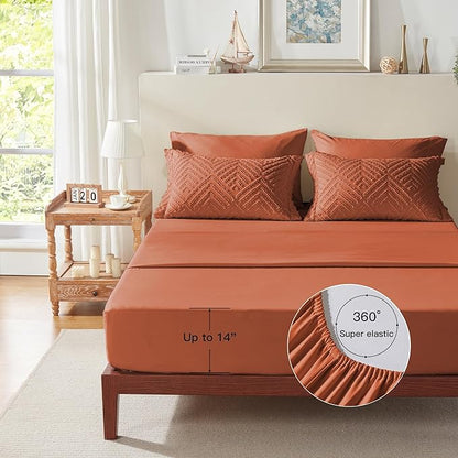 Zzlpp King Comforter Set 7 Pieces, Burnt Orange Tufted Bed in a Bag with Comforter, Pillow Shams, Pillowcases, Flat Sheet, Fitted Sheet