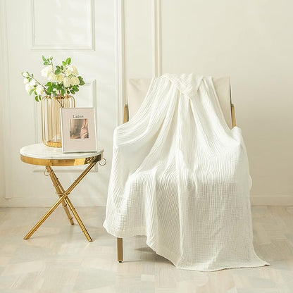 EMME Cotton Muslin Queen Blanket Bed Layering Bedspread Coverlet Breathable Gauze Soft Lightweight Adults (White,90"x90")
