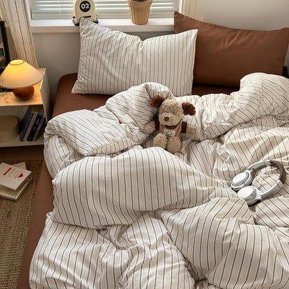 Striped Comforter Set Queen 3 Pieces Beige Stripes Bedding Set, Beige Khaki Brown Striped Design, 100% Microfiber, Super Soft Lightweight Comforter with 2 Pillowcases, All Season