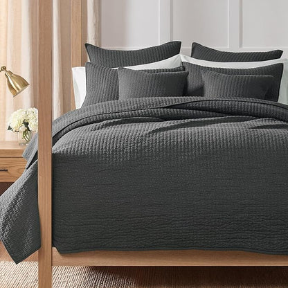 Levtex Home Cross Stitch Reversible King/Cal King Quilt Set (106x92in) and 2 Pillow Shams (36x20in) - Stitch Texture - Charcoal - Cotton King Size Quilt Bedding Set - Lightweight Soft Pre-Washed