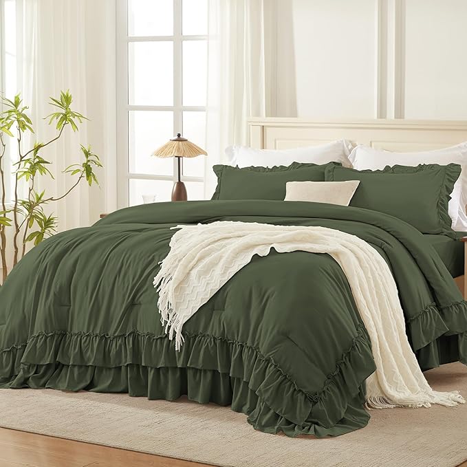 Andency Olive Green King Comforter Set (104x90Inch), 3 Pieces Ruffle Comforter Set with 2 Pillowcases, Farmhouse Shabby Chic Lightweight Fluffy Soft Polyester All Season Bed Set