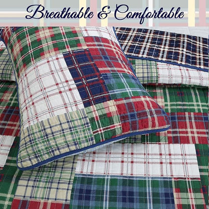 Cozy Line Home Fashions Nate Patchwork Quilt Set, Green Red Navy White 100% Cotton Reversible Coverlet Bedspread for Boy (Nate Patchwork, Twin - 2 Piece)