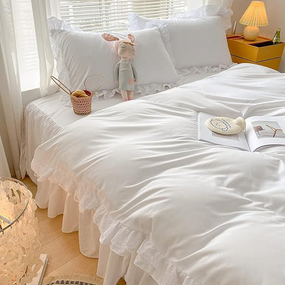 MOOWOO Chic Ruffle Lace Polyester Duvet Cover Set -Girl White Bedding-3 Piece Full Duvet Cover with Zipper Closure -Ultra Soft and Light Weight (White, Full)-No Comforter