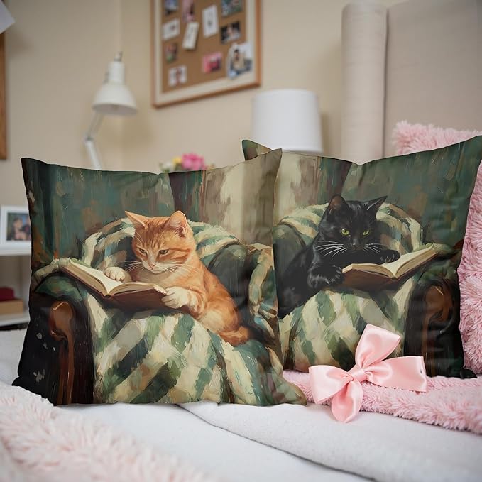 Funny Cat Reader Book Throw Pillow Cover 18 x 18 Set of 2, Gifts for Book Lovers, Reading Nook Corner Decor, Preppy Floral Black Orange Tabby Tuxedo Cats Bookish Pillowcase（04）