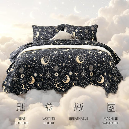 EXQ Home Quilt Set King Size Black Print 3 Piece,Lightweight Soft Coverlet Modern Style Sun Starry Pattern Bedspread Set(1 Quilt,2 Pillow Shams)