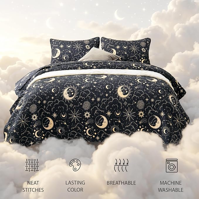 EXQ Home Quilt Set Twin Size Black Print 3 Piece,Lightweight Soft Coverlet Modern Style Sun Starry Pattern Bedspread Set(1 Quilt,1 Pillow Sham)