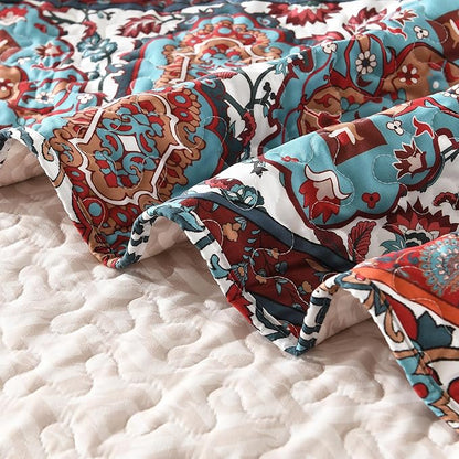 HORIMOTE HOME Boho Quilt Queen Size, Reversible Bohemian Style Twill Strip Floral Quilt Beddding Set, Colorful and Soft Bedspread Full Size Quilt Coverlet for All Season, 2 Pillow Shams (3 Pieces)