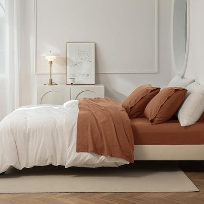 JIYUAN Queen Size Sheet Set, 4-Piece - 100% Washed Cotton, Linen-Like Soft & Breathable, Includes Deep Pocket Fitted & Flat Sheet with 2 Pillowcases, Hotel Quality, Solid Dark Orange