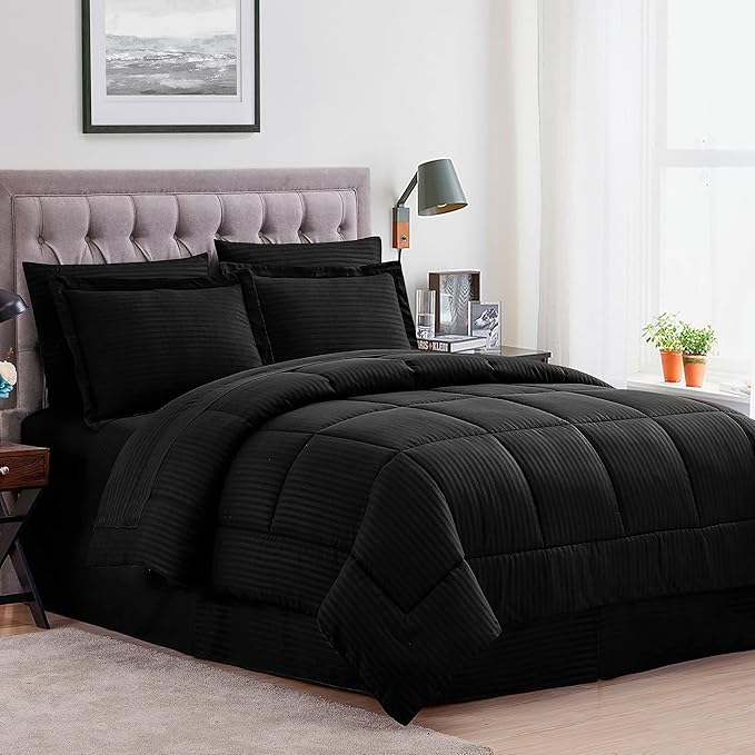 Queen Comforter Set 8 Piece Bed in a Bag with Bed Skirt, Fitted Sheet, Flat Sheet, 2 Pillowcases, 2 Pillow Shams, Queen, Dobby Black