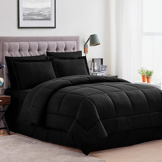 Queen Comforter Set 8 Piece Bed in a Bag with Bed Skirt, Fitted Sheet, Flat Sheet, 2 Pillowcases, 2 Pillow Shams, Queen, Dobby Black