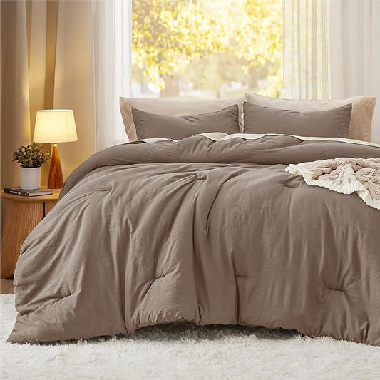 Bedsure Queen Comforter Set, Brown Soft Prewashed Bedding for All Seasons, 3 Pieces GentleSoft™ Bed Set, 1 Lightweight Comforter (90"x90") and 2 Pillowcases (20"x26")