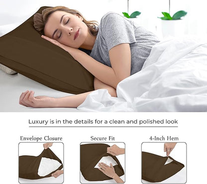Royale Linens Queen Pillowcase Set of 2 - Bed Pillow Cover - 20x30 - Chocolate Pillowcases - 1800 Brushed Microfiber, Wrinkle & Fade Resistant - Soft & Cozy- Queen Size Pillow Case (Chocolate)