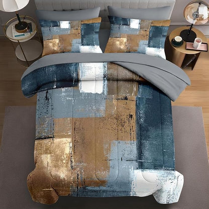 5 Pcs Twin Size Comforter Set with Pillowcase & Sham, Grey Brown Painting Bedding for Kids and Adults, Beige Contemporary Bed in a Bag with Flat Fitted Sheet