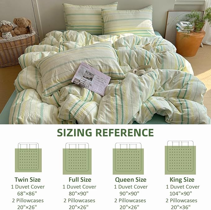 EAVD Retro Striped Duvet Cover Twin Size Soft 100% Cotton Vintage Yellow Green Stripes Pattern Bedding Set with 2 Pillowcases Reversible Farmhouse Geometric Printed Duvet Cover with Zipper