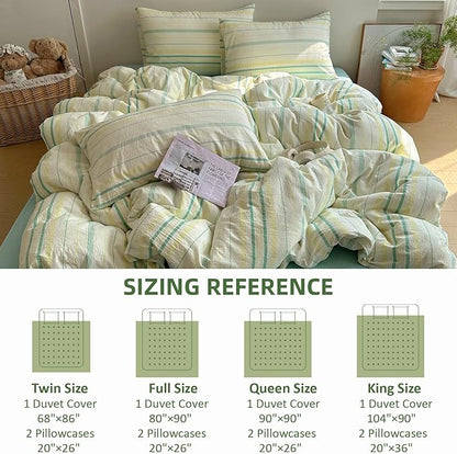 EAVD Retro Striped Duvet Cover Twin Size Soft 100% Cotton Vintage Yellow Green Stripes Pattern Bedding Set with 2 Pillowcases Reversible Farmhouse Geometric Printed Duvet Cover with Zipper