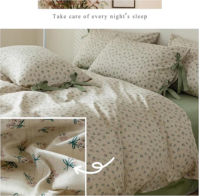 VM VOUGEMARKET Duvet Cover Set Queen 100% Cotton 3 Pcs Girls Green Blossom Flower Comforter Cover with Zipper Closure,Cottagecore Style Duvet Cover + 2 Pillowcases with Bowknot-90x90 Inch