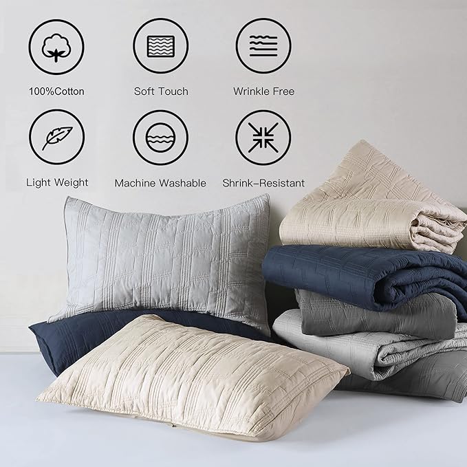 HORIMOTE HOME 100% Cotton Quilt Set Queen Size, Navy Blue Pre-Washed 3-Piece Bedspread Coverlet Set, Cozy Lightweight Stitching Bedding Cover with 2 Shams in Geometric Pattern for All Season