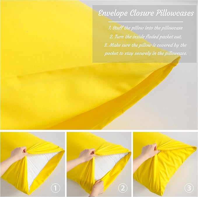 NTBAY Queen Pillow Cases Set, 2 Pack Brushed Microfiber 20x30 Inches, Soft, Wrinkle, Fade, Stain Resistant Yellow Pillow Cases with Envelope Closure