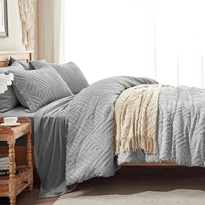 Zzlpp King Comforter Set 7 Pieces, Light Grey Tufted Bed in a Bag with Comforter and Sheets, All Season Boho Bedding Sets with Comforter, 2 Pillow Shams, 2 Pillowcases, 1 Flat Sheet, 1 Fitted Sheet