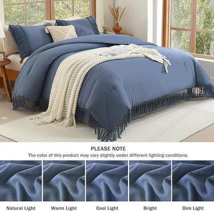 Andency Comforter King Size Set Bluish Grey, 3 Pieces Boho Tassel Lightweight Fluffy Bedding Comforters & Sets, Soft All Season Bed Set (104x90In Comforter & 2 Pillowcases)