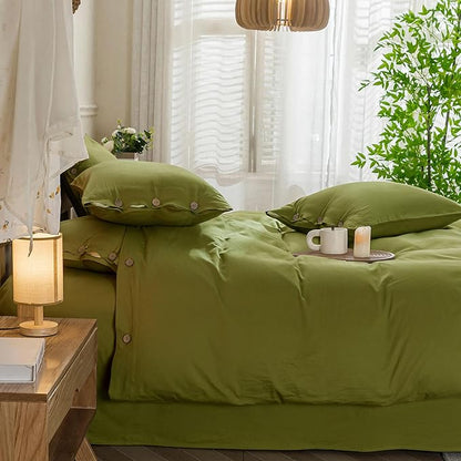 JELLYMONI Christmas Duvet Cover King Size - Avocado Green Comforter Cover with Button 100% Washed Cotton 3PCS Breathable Soft Solid Bedding Set Duvet Cover 104×90in & 2 Pillowcases (NO Comforter)
