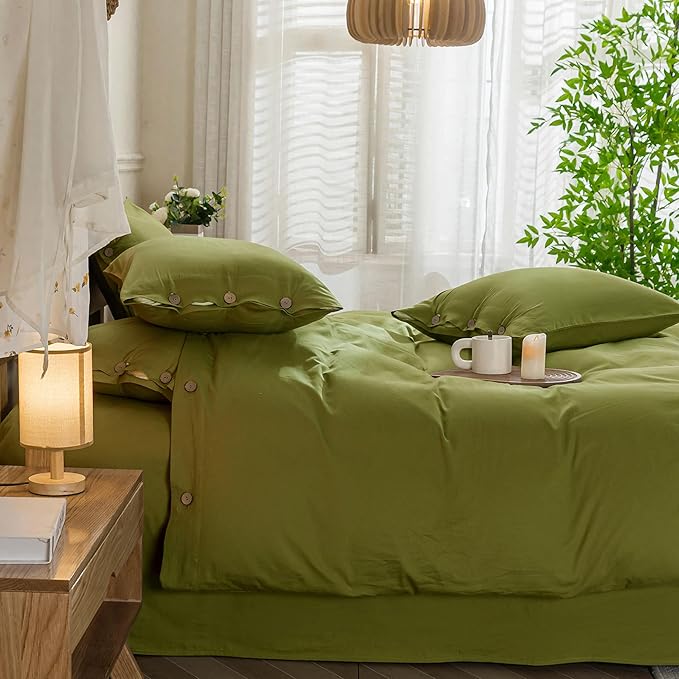 JELLYMONI Christmas Duvet Cover Queen Size - Avocado Green Comforter Cover with Button 100% Washed Cotton 3PCS Breathable Soft Solid Bedding Set Duvet Cover 90×90in & 2 Pillowcases (NO Comforter)