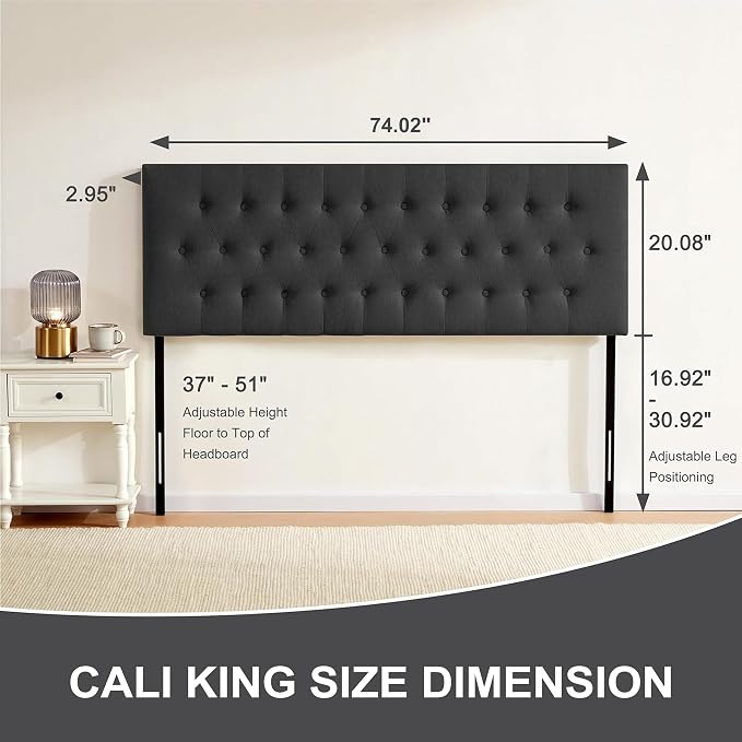 Upholstered Headboard California King, Adjustable Height 37''- 51'', Black | Sturdy Durable Solid Wood Bed Headboard, Tufted Fabric California King Headboard, Modern Button Diamond Design Head Board