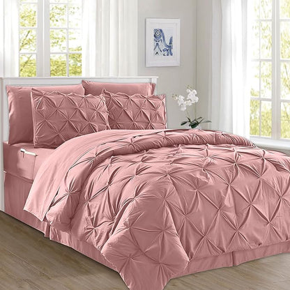 Elegant Comfort 8-Piece Pinch Pleated Comforter Set - All Season Complete Bed in a Bag, Includes 4pc Smart Sheet Set, Bed Skirt, Comforter, Matching Pillowcases and Shams, King/Cal King, Dusty Rose