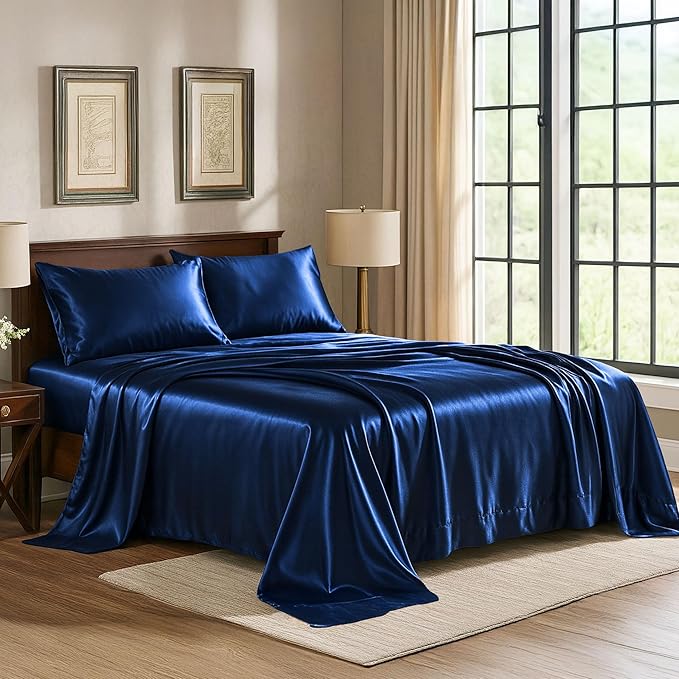 Satin Sheets Queen [4-Piece, Navy] Hotel Luxury Silky Bed Sheets - Extra Soft 1800 Microfiber Sheet Set, Wrinkle, Fade, Stain Resistant - Deep Pocket Fitted Sheet, Flat Sheet, Pillow Cases