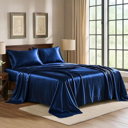 Pure Bedding Satin Sheets Twin [3-Piece, Navy] Hotel Luxury Silky Bed Sheets - Extra Soft 1800 Microfiber Sheet Set, Wrinkle, Fade, Deep Pocket Fitted Sheet, Flat Sheet, Pillow Cases
