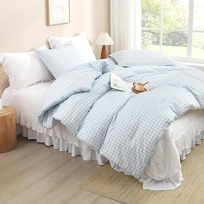Andency Light Blue Gingham Comforter Set Twin(66x90Inch), Checkered Grid Plaid Buffalo Bed Set for Girls Boys Kids Teens, 2 Pieces Lightweight Polyester Geometric Preppy Bedding