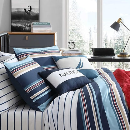 Nautica - Queen Comforter Set, Soft Woven Bedding with a Lightweight for Year Round Comfort, 5 Piece Bed Set with Matching Pillowcases & Bonus Throw Pillows (Colton Blue)