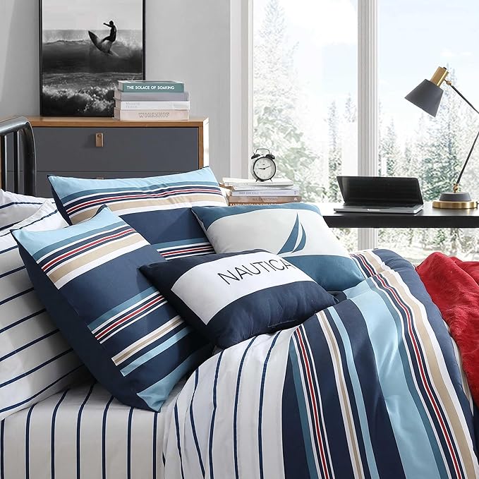 Nautica - Twin/Twin XL Comforter Set, Ultra Soft Bedding with a Woven Textured Feel, Medium Weight for Year Round Comfort, 4 Piece Bed Set with Matching Pillowcase & Bonus Throw Pillows (Colton Blue)