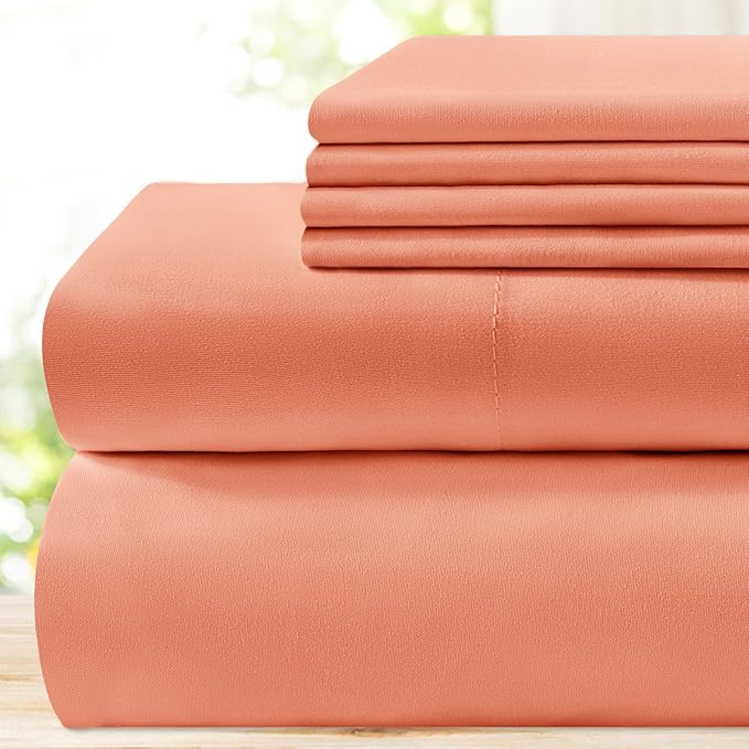 BYSURE 6 Pieces Bed Sheets Set(Queen, Coral) - Super Soft 1800 Thread Count 100% Microfiber Sheets with Deep Pockets, Wrinkle & Fade Resistant
