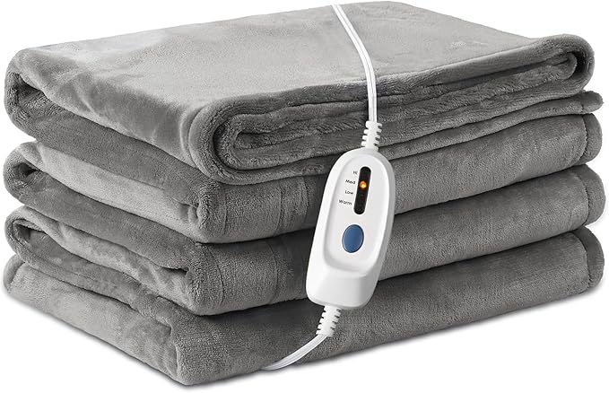 Electric Heated Blanket Twin Size 62"×84", Breathable & Luxurious Flannel, Soft Warm Gift with Over-Heat Protection, 4 Heating Levels & 10 H Auto Shut Off, Machine Washable, Light Grey