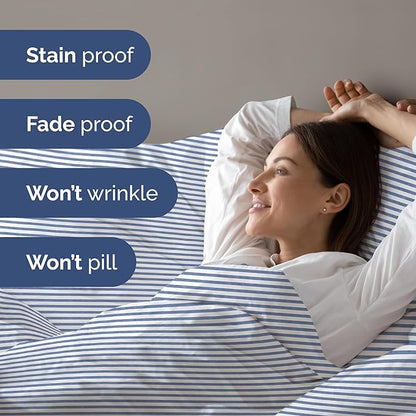 Duvet Cover Twin/Twin XL Size Set - Extra Soft Twin/Twin XL Duvet Cover 68" x 90" with 1 Pillow Sham - Hotel Luxury, Easy Care, Fade Free w/ Zipper Closures & Ties - Comfy & Breathable (Blue Stripes)