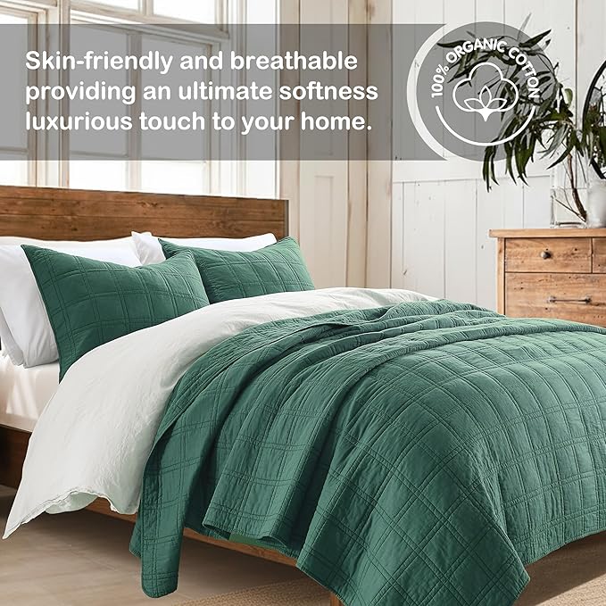 HORIMOTE HOME 100% Cotton Quilt Set Queen Size, Dark Green Pre-Washed Bedspreads Coverlet Set in Geometric Pattern, Cozy Lightweight Stitching Decorative Bedding Cover with 2 Shams for All Season