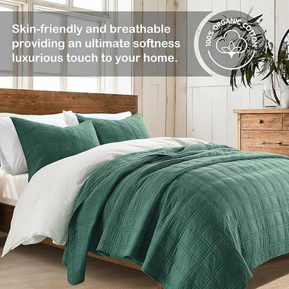 HORIMOTE HOME 100% Cotton Quilt Set Queen Size, Dark Green Pre-Washed Bedspreads Coverlet Set in Geometric Pattern, Cozy Lightweight Stitching Decorative Bedding Cover with 2 Shams for All Season