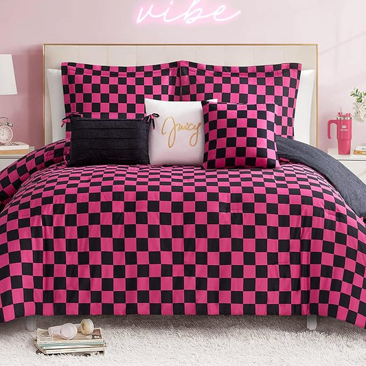 Juicy Couture Reversible Checkerboard Comforter Set 6-Piece King Set, Black/Hot Pink