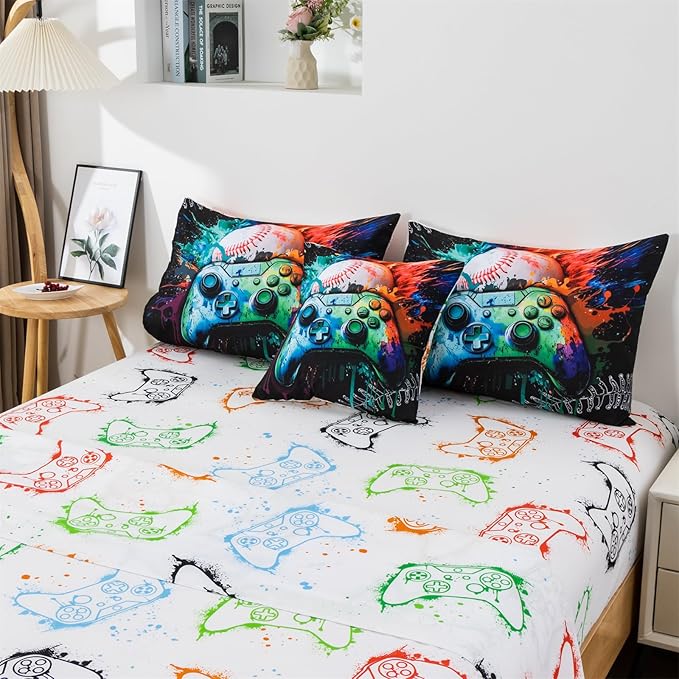 Aimuan Gamer Gaming Bedding Sets 3D Gamepad Comforter Sets for Boys Games Console Action Buttons Novelty Colorful Game Controller Modern Room Decor Home Quilt Set (Green, Full 6Pcs)