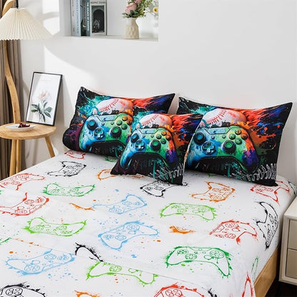 Aimuan Gamer Gaming Bedding Sets 3D Gamepad Comforter Sets for Boys Games Console Action Buttons Novelty Colorful Game Controller Modern Room Decor Home Quilt Set (Green, Full 6Pcs)