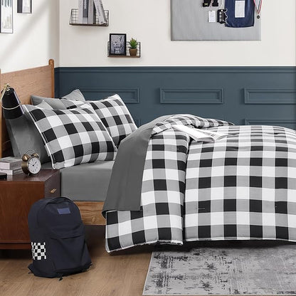 Andency Black Grey White Plaid Comforter Set King Size (90x104 Inch), 3 Pieces (1 Gingham Comforter and 2 Pillowcases), Summer Lightweight Microfiber Buffalo Check Down Alternative Comforter Set