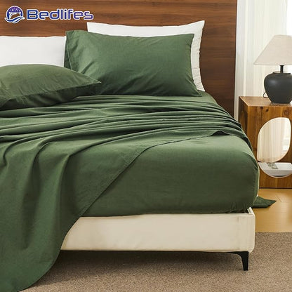 Bedlifes 100% French Pure Linen Sheets King Size Breathable and Cooling Flax Sheet Set Soft Durable and Moisture Wicking 16 Inch Deep Pocket-4 Piece(King,Forest Green)