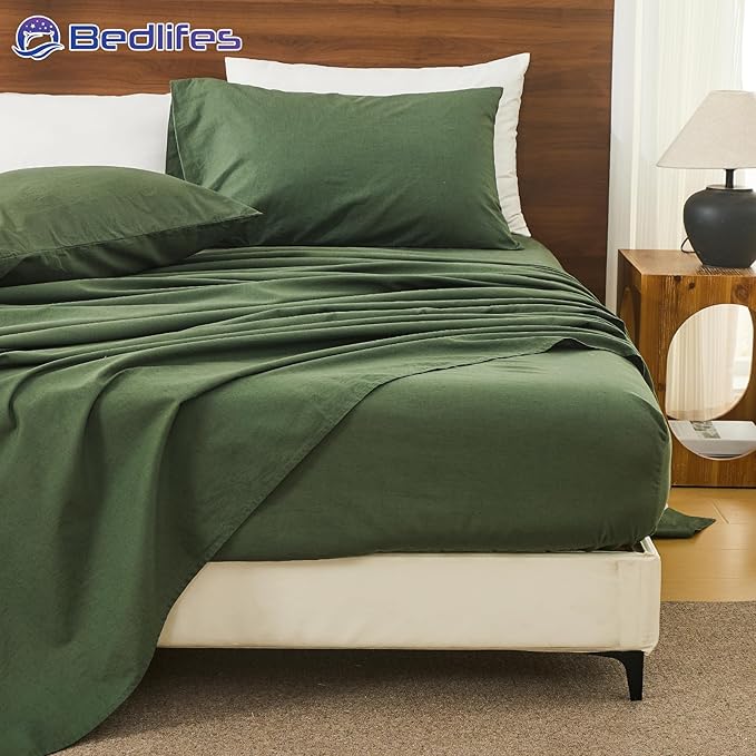 Bedlifes 100% French Pure Linen Sheets Queen Size Breathable and Cooling Flax Sheet Set Soft Durable and Moisture Wicking 16 Inch Deep Pocket-4 Piece(Queen,Forest Green)