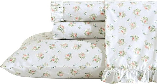 Laura Ashley - Twin XL Sheet Set, Crisp & Cool Cotton Percale Bedding with Deep Pockets, Lightweight for Year Round Comfort, Bed Sheets with Matching Pillowcase (Roseford Orange)