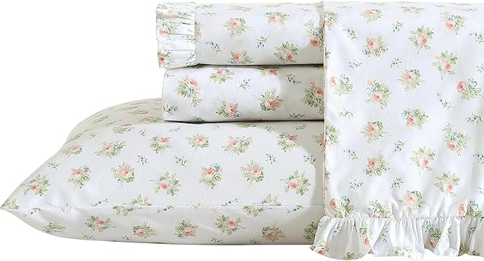 Laura Ashley - King Sheet Set, Breathable Percale Cotton Bedding, 200 Thread Count, Floral Home Decor (Roseford Orange, King)