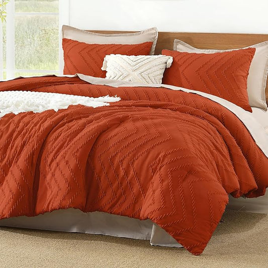 Litanika Oversized King Comforter Set Super King Size 120x120, 3 Pieces Burnt Orange Terracotta Chevron Tufted Solid Bedding Comforter Sets, Fluffy Bed Set