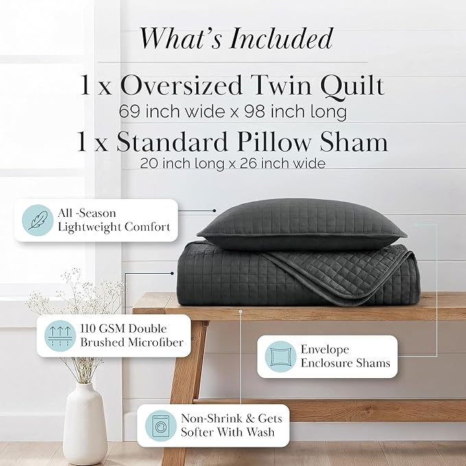 Southshore Fine Living, Inc. Twin Summer Quilts Set, Quilted Grey Bedspread Twin/XL Quilts with Matching Pillow Sham, Soft Microfiber, Lightweight Quilt Coverlet Set, Easy Care, Slate Grey